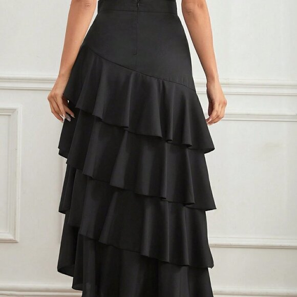 Black Preppy Women's Multi-Layer Ruffle Hem Midi Skirt - Picture 1 of 5